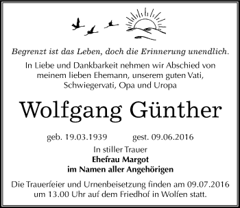 Traueranzeige von Wolfgang Günther von Mitteldeutsche Zeitung Bitterfeld