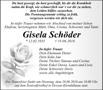 Traueranzeige von Gisela Schöder von Mitteldeutsche Zeitung Dessau-Roßlau