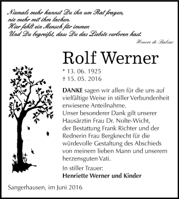 Traueranzeige von Rolf Werner von Super Sonntag SGH Mansf. Land
