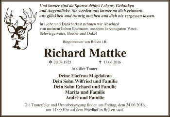 Traueranzeige von Richard Mattke von WVG - Wochenspiegel Dessau / Köthen