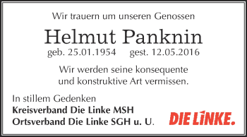 Traueranzeige von Helmut Panknin von Wochenspiegel Mansfelder Land