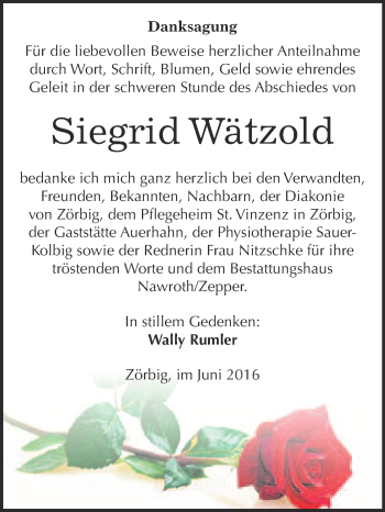 Traueranzeige von Siegrid Wätzold von WVG - Wochenspiegel Bitterfeld