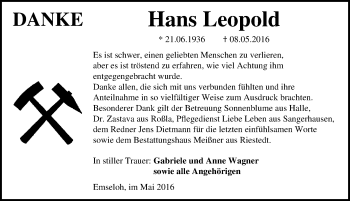 Traueranzeige von Hans Leopold von Mitteldeutsche Zeitung Sangerhausen