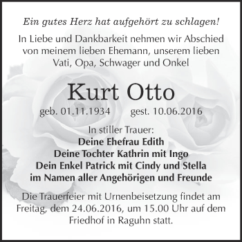 Traueranzeige von Kurt Otto von WVG - Wochenspiegel Bitterfeld