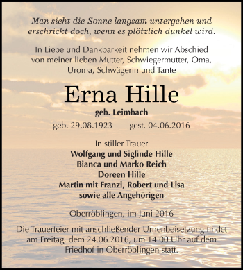 Traueranzeige von Erna Hille von Super Sonntag SGH Mansf. Land