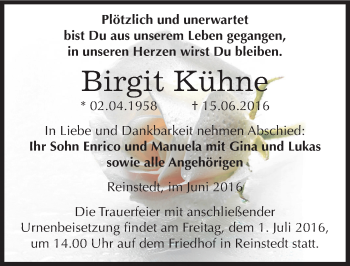 Traueranzeige von Birgit Kühne von Mitteldeutsche Zeitung Quedlinburg