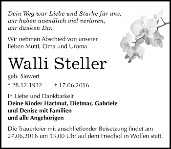 Traueranzeige von Walli Steller von Mitteldeutsche Zeitung Bitterfeld