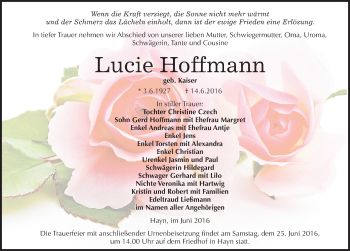 Traueranzeige von Lucie Hoffmann von Mitteldeutsche Zeitung Sangerhausen