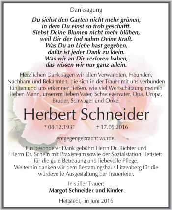 Traueranzeige von Herbert Schneider von Wochenspiegel Mansfelder Land