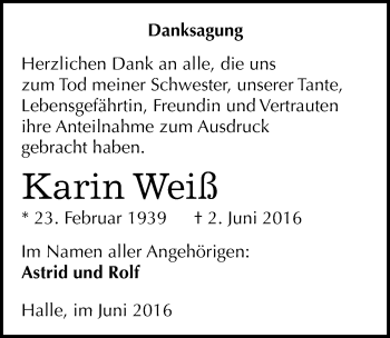 Traueranzeige von Karin Weiß von Mitteldeutsche Zeitung Halle/Saalkreis