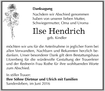 Traueranzeige von Ilse Hendrich von Mitteldeutsche Zeitung Mansfelder Land