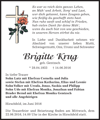 Traueranzeige von Brigitte Krug von Mitteldeutsche Zeitung Zeitz