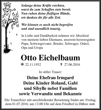 Traueranzeige von Otto Eichelbaum von Mitteldeutsche Zeitung Wittenberg