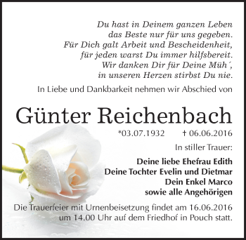Traueranzeige von Günter Reichenbach von Mitteldeutsche Zeitung Bitterfeld