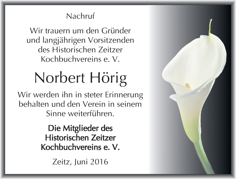  Traueranzeige für Norbert Hörig vom 16.06.2016 aus Mitteldeutsche Zeitung Zeitz