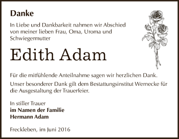 Traueranzeige von Edith Adam von Wochenspiegel Mansfelder Land