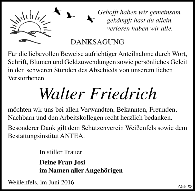  Traueranzeige für Walter Friedrich vom 04.06.2016 aus Mitteldeutsche Zeitung Weißenfels