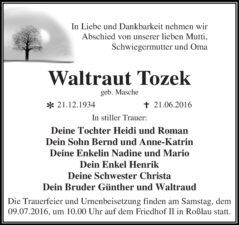  Traueranzeige für Waltraut Tozek vom 25.06.2016 aus WVG - Wochenspiegel Dessau / Köthen