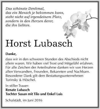 Traueranzeige von Horst Lubasch von Mitteldeutsche Zeitung Merseburg/Querfurt