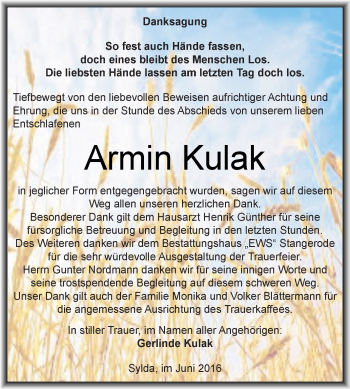Traueranzeige von Armin Kulak von Wochenspiegel Mansfelder Land