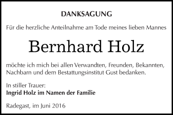 Traueranzeige von Bernhard Holz von WVG - Wochenspiegel Dessau / Köthen