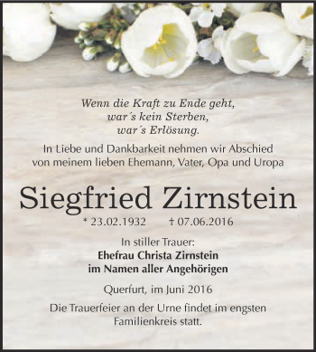 Traueranzeige von Siegfried Zirnstein von WVG - Wochenspiegel Merseburg