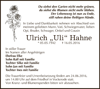 Traueranzeige von Ulrich Hahne von WVG - Wochenspiegel Dessau / Köthen