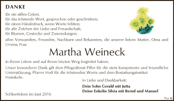Traueranzeige von Martha Weineck von WVG - Wochenspiegel NMB / WSF / ZTZ