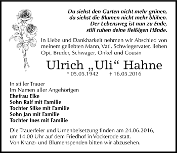 Traueranzeige von Ulrich Hahne von Mitteldeutsche Zeitung Wittenberg