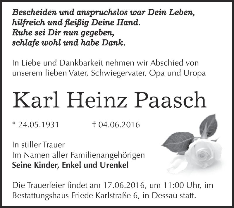  Traueranzeige für Karl Heinz Paasch vom 11.06.2016 aus WVG - Wochenspiegel Dessau / Köthen