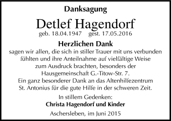 Traueranzeige von Detlef Hagendorf von Mitteldeutsche Zeitung Aschersleben