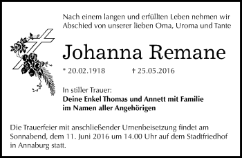 Traueranzeige von Johanna Remane von Mitteldeutsche Zeitung Wittenberg