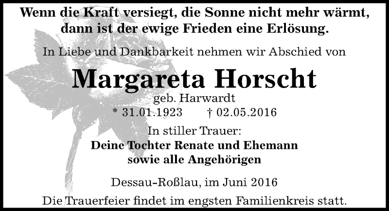  Traueranzeige für Margareta Horscht vom 11.06.2016 aus Mitteldeutsche Zeitung Dessau-Roßlau