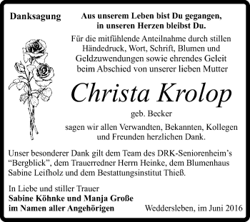 Traueranzeige von Christa Krolop von Super Sonntag Quedlinburg
