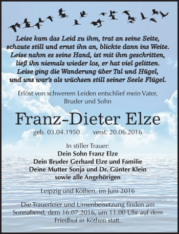 Traueranzeige von Franz-Dieter Elze von Mitteldeutsche Zeitung Köthen