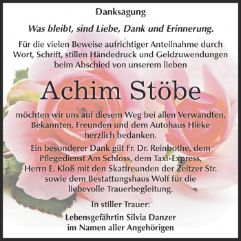 Traueranzeige von Achim Stöbe von WVG - Wochenspiegel NMB / WSF / ZTZ