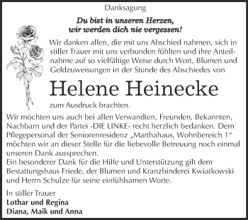 Traueranzeige von Helene Heinecke von WVG - Wochenspiegel Dessau / Köthen