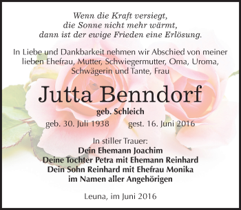 Traueranzeige von Jutta Benndorf von Mitteldeutsche Zeitung Merseburg/Querfurt