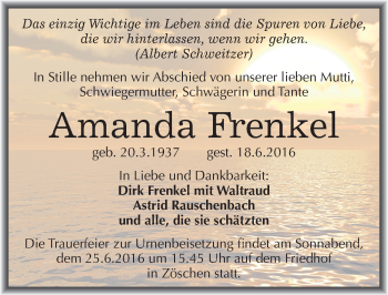 Traueranzeige von Amanda Frenkel von Mitteldeutsche Zeitung Merseburg/Querfurt