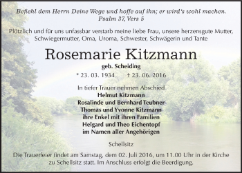 Traueranzeige von Rosemarie Kitzmann von Mitteldeutsche Zeitung Naumburg/Nebra