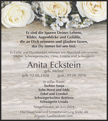 Traueranzeige von Anita Eckstein von Super Sonntag SGH Mansf. Land