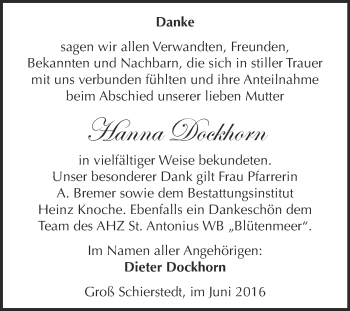 Traueranzeige von Hanna Dockhorn von Super Sonntag Aschersleben