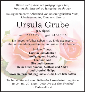 Traueranzeige von Ursula Grube von Mitteldeutsche Zeitung Halle/Saalkreis