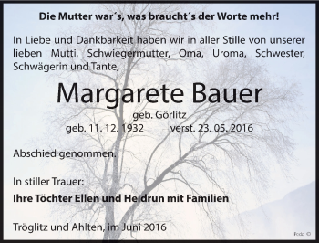 Traueranzeige von Margarete Bauer von Mitteldeutsche Zeitung Zeitz