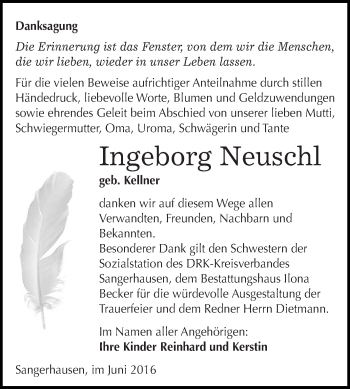 Traueranzeige von Ingeborg Neuschl von Super Sonntag SGH Mansf. Land
