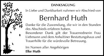 Traueranzeige von Bernhard Huth von Mitteldeutsche Zeitung Dessau-Roßlau