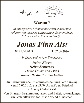 Traueranzeige von Jonas Finn Alst von WVG - Wochenspiegel Dessau / Köthen