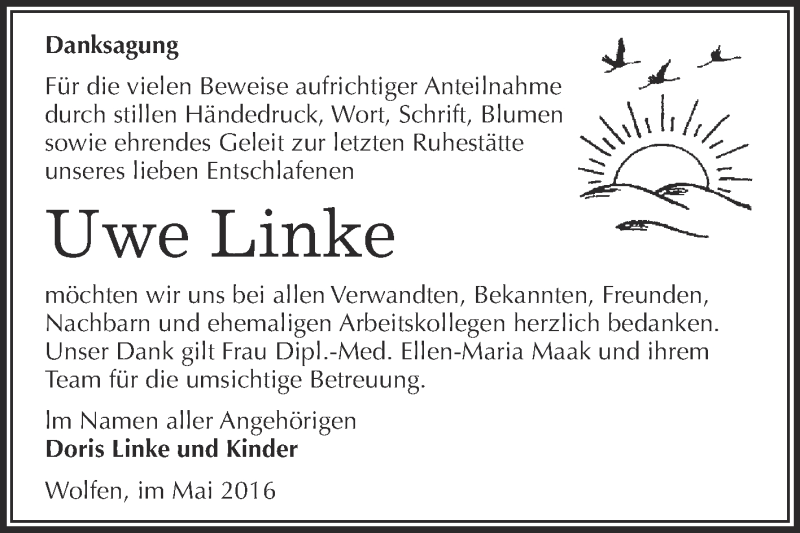  Traueranzeige für Uwe Linke vom 01.06.2016 aus WVG - Wochenspiegel Bitterfeld