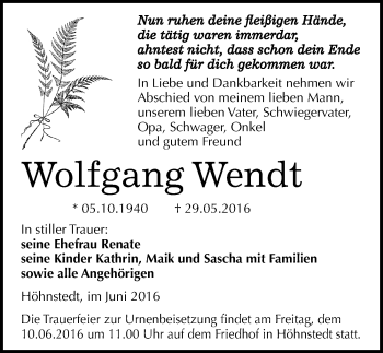 Traueranzeige von Wolfgang Wendt von Mitteldeutsche Zeitung Halle/Saalkreis