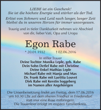 Traueranzeige von Egon Rabe von Mitteldeutsche Zeitung Bitterfeld
